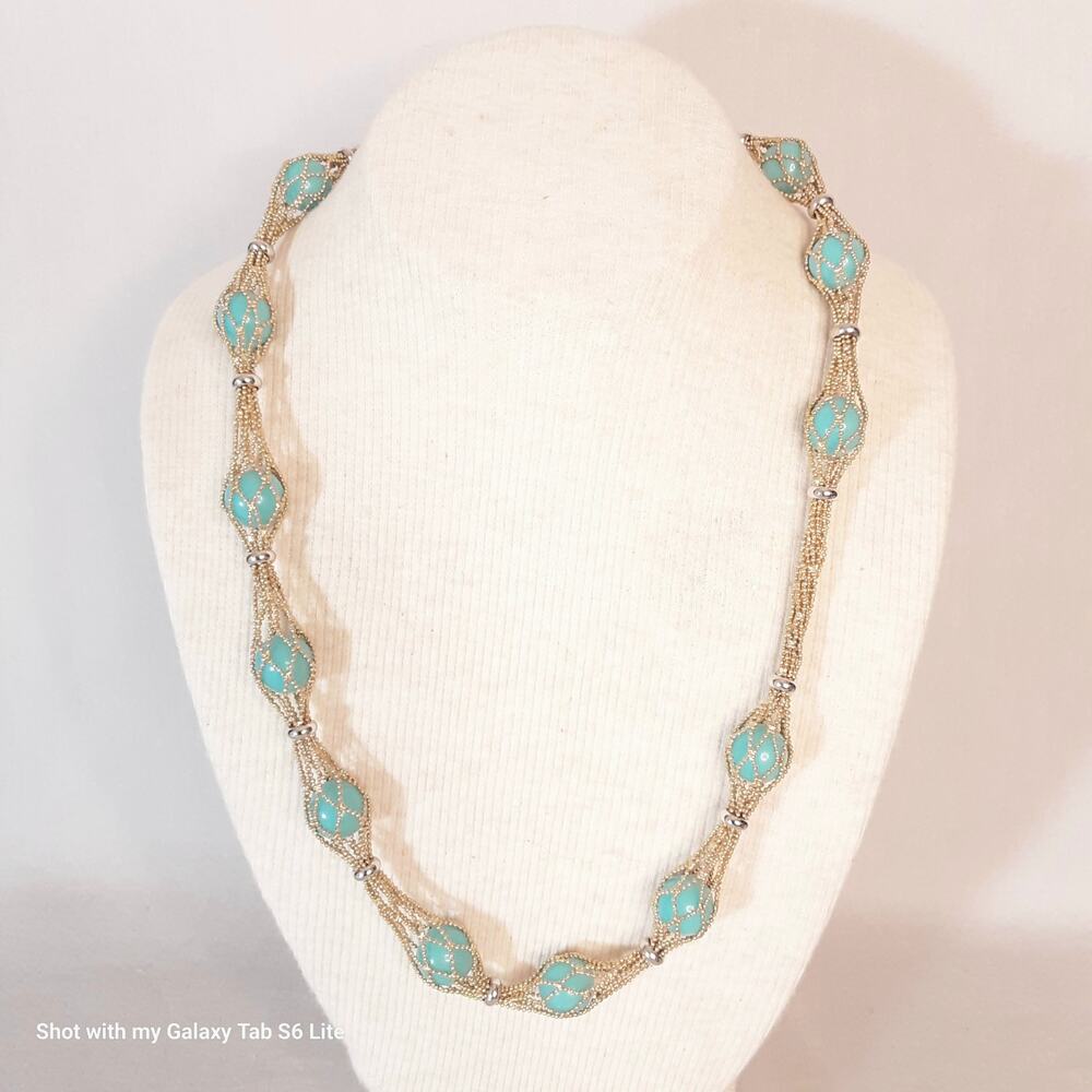 💎Caged Mint Blue Beaded Necklace In Gold Tone Ball Chains Lobster Claw Clasp